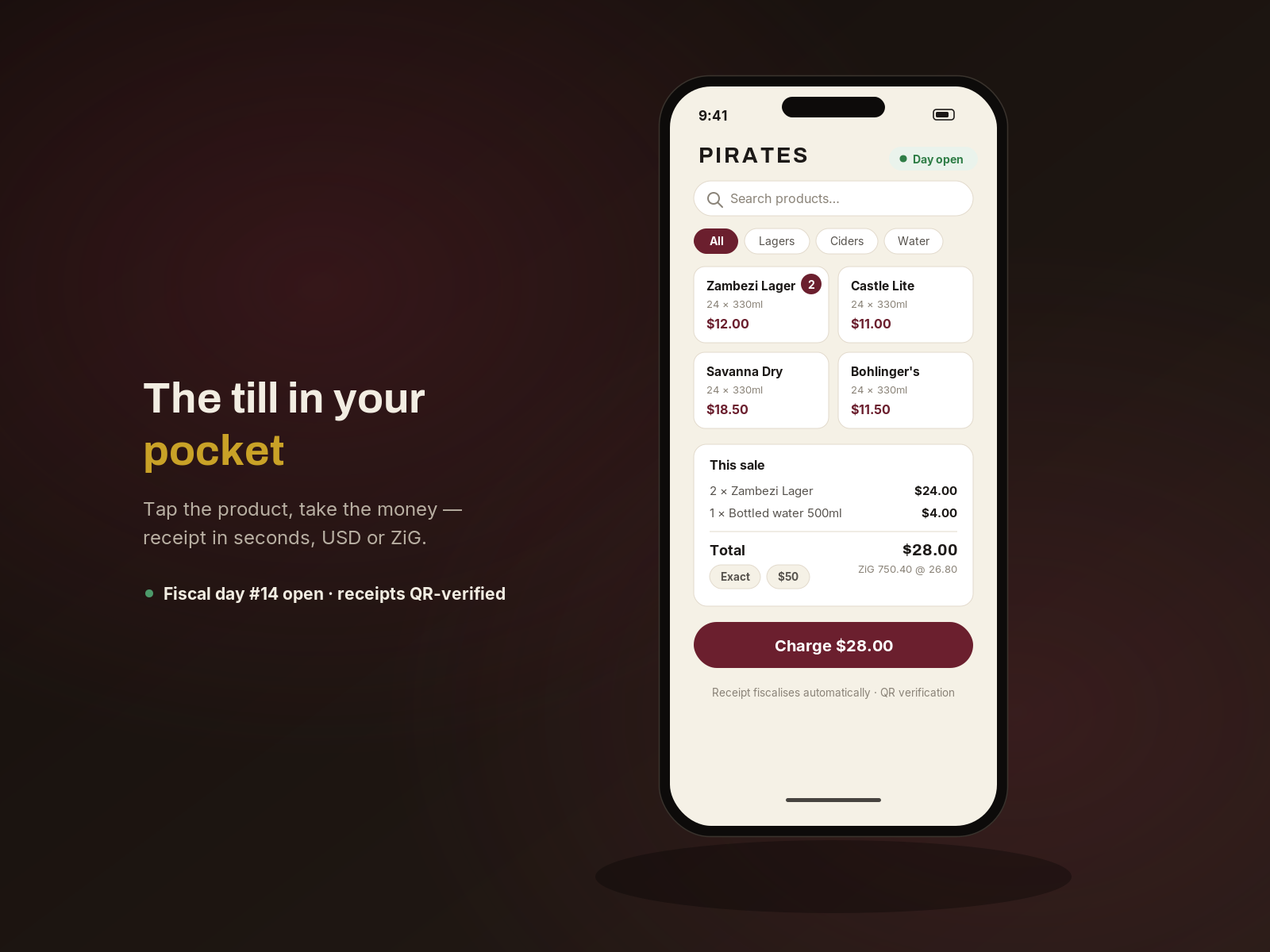 The Pirates Books till running on a phone — products, a sale totalling $28 and the Charge button