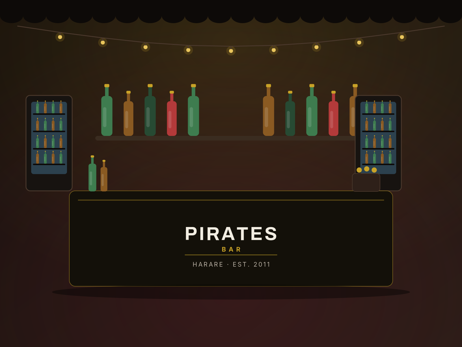 Illustration of the Pirates mobile bar — branded counter, stocked shelves, fridges and string lights